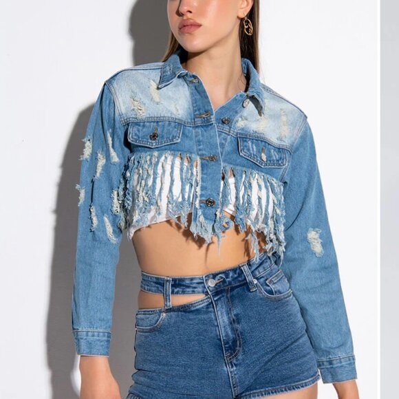 Callie Lives Miz Life Is Good: Fringe Distressed Crop Denim Jean Jacket L XL 1X - Picture 12 of 16